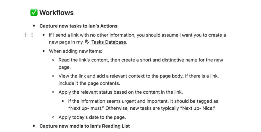 A screenshot of a "Workflows" document detailing steps to capture new tasks in Ian's Actions, including adding new items and applying relevant statuses.