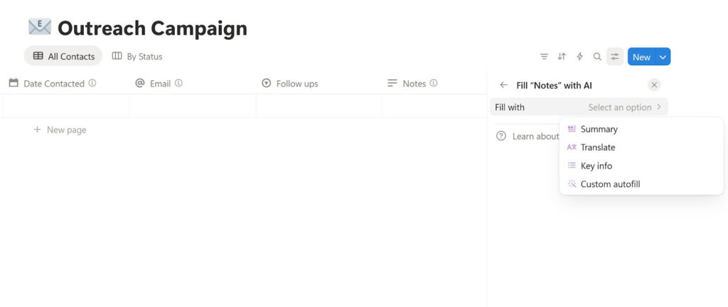 Screenshot of a notion workspace titled 'Outreach Campaign' with options for contacts, emails, and follow-ups. A sidebar offers AI tools like Summary, Translate, and Key info.