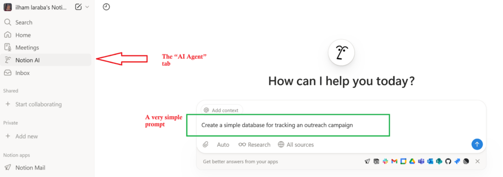 Screenshot of the Notion interface with the "AI Agent" tab selected, featuring notion ai agents in action as a prompt is entered: "Create a simple database for tracking an outreach campaign.
