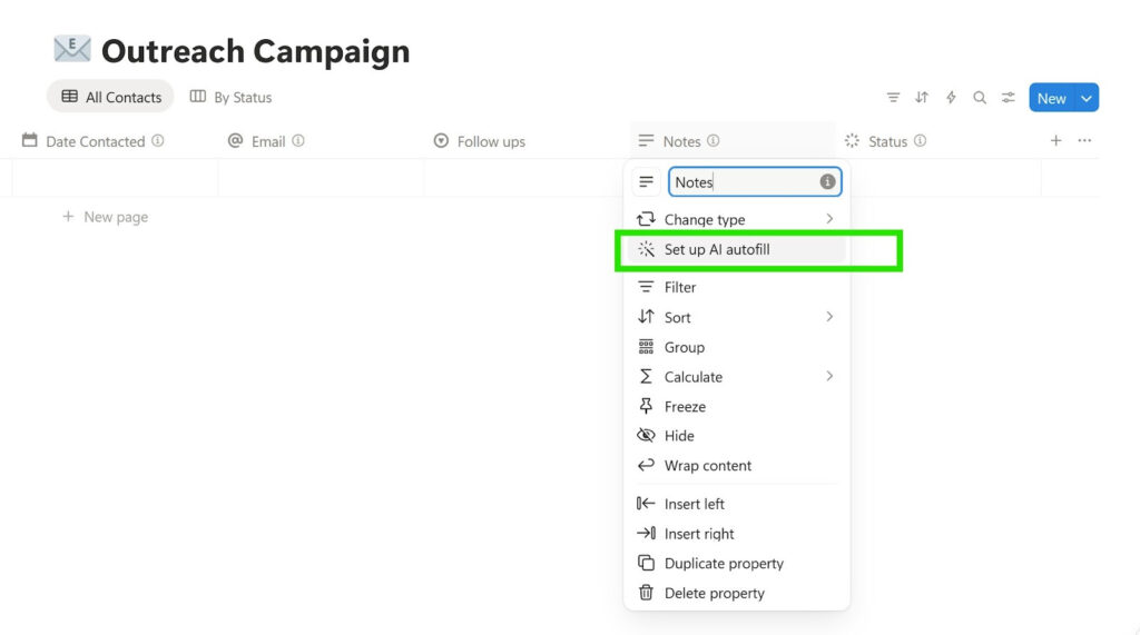 Screenshot of an outreach campaign interface highlighting the "Set up AI autofill" option in a dropdown menu.