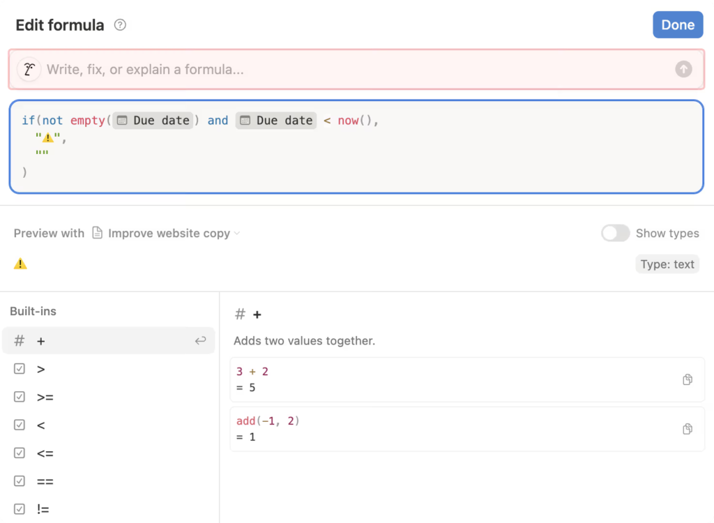 A screenshot of a formula editor displaying a conditional formula checking due dates, with built-ins for mathematical operations.